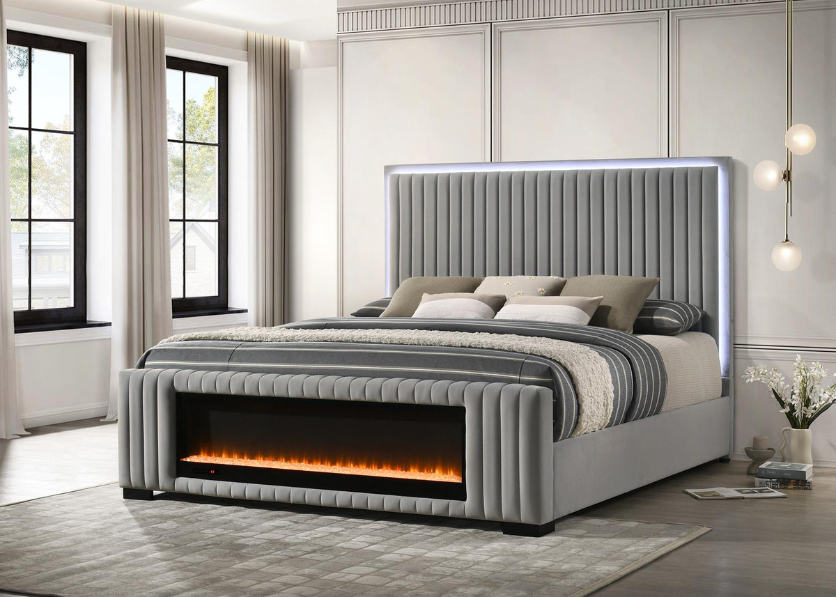 Amber King Bed | Grey Velvet | LED Headboard & Decorative Fireplace