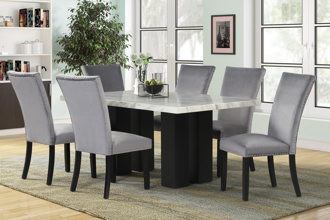Arden 7-Piece Faux Marble Dining Set | Gray Velvet