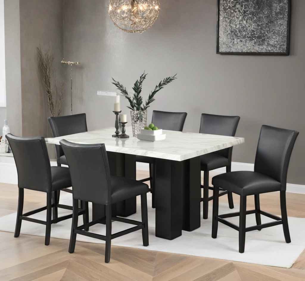 Sterling 7-Piece Faux Marble Counter-Height Dining Set | Black PU
