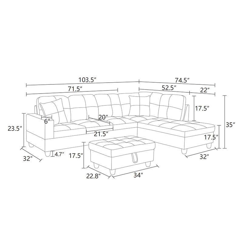 Taupe 3-Piece Couch Living Room Sofa Set