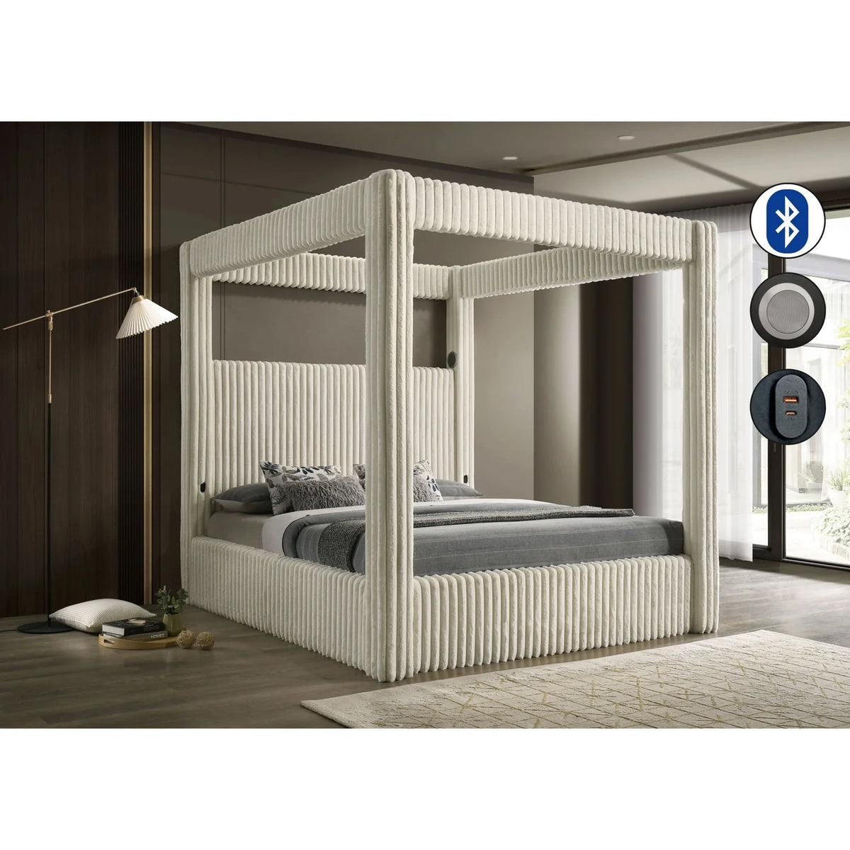 Atlam Corduroy Canopy Bed with Bluetooth & USB-C | Cream