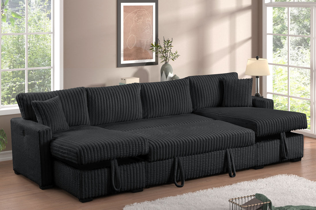 July Black Double Storage Chaise Sectional with Pull-Out Bed