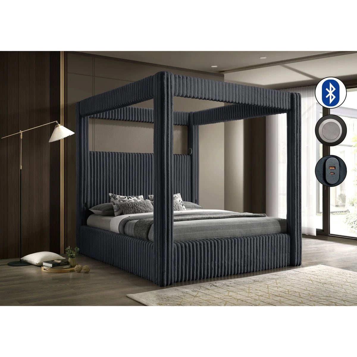 Atlam Corduroy Canopy Bed with Bluetooth & USB-C | Gray