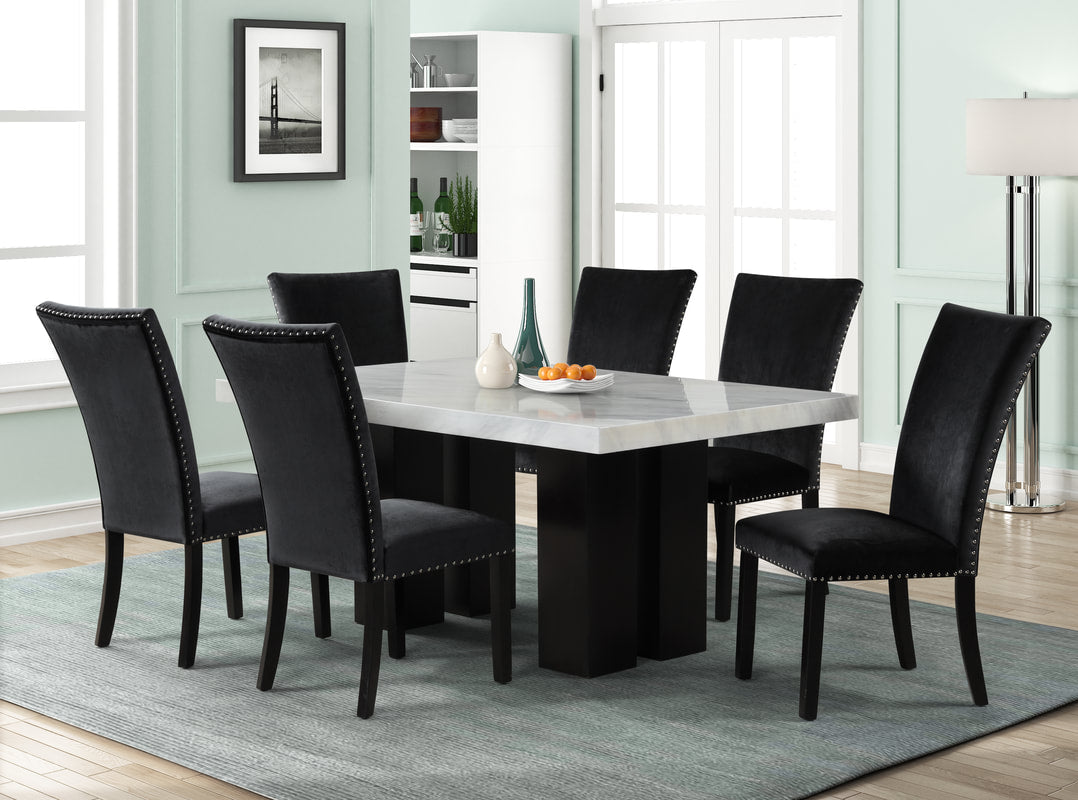 Arden 7-Piece Faux Marble Dining Set | Black Upholstered