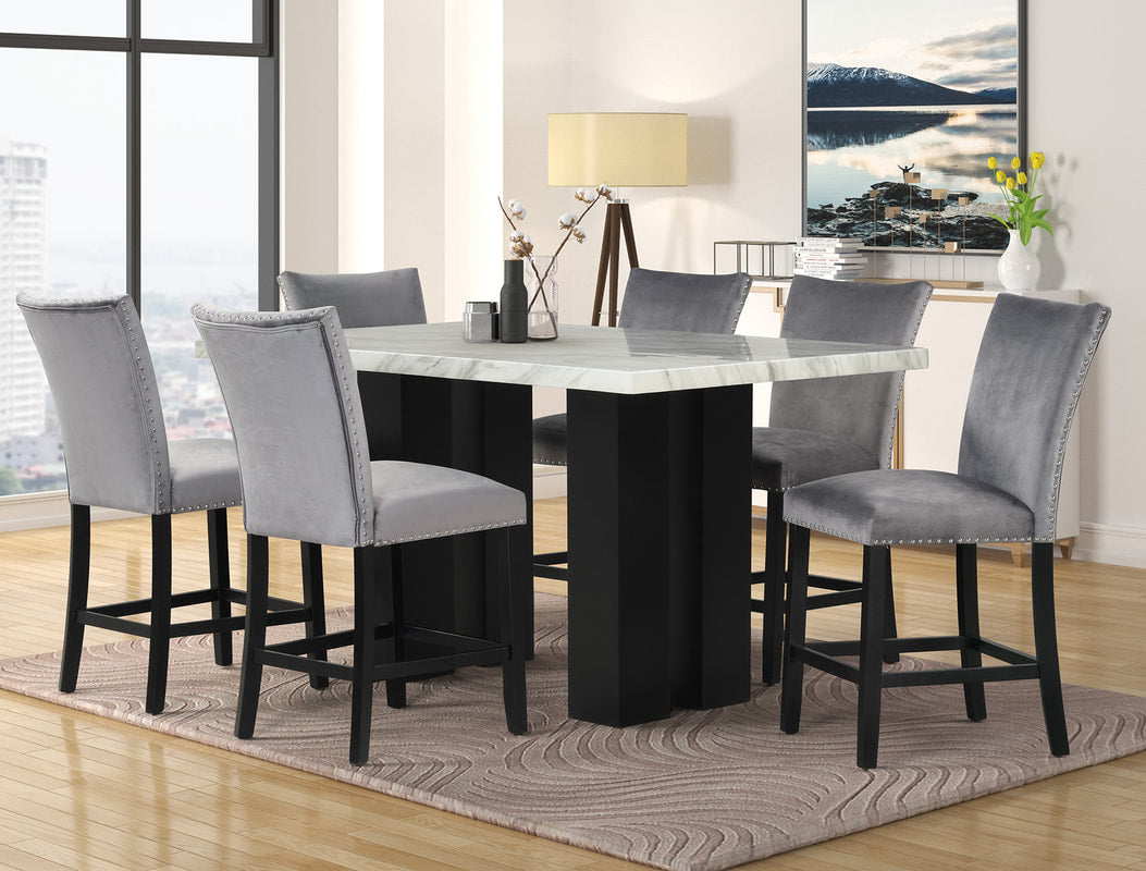 Sterling 7-Piece Faux Marble Counter-Height Dining Set | Gray Velvet