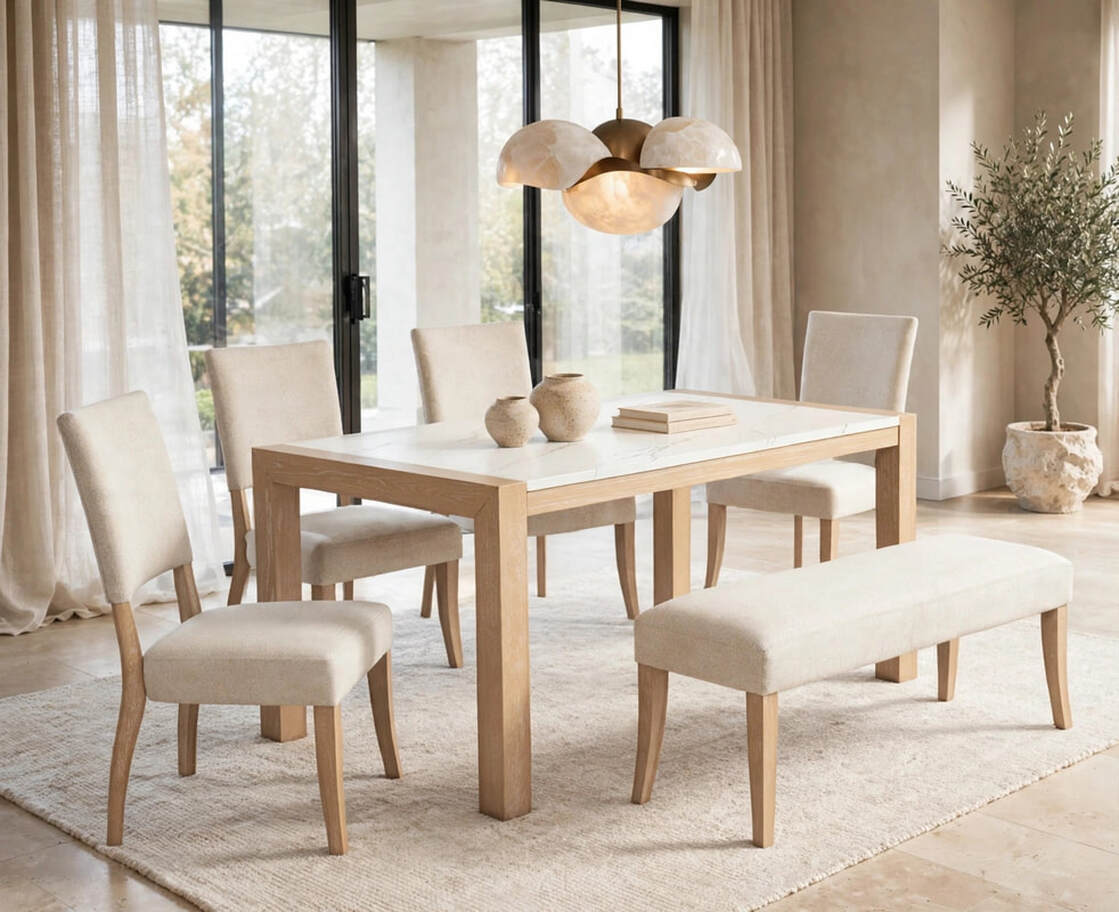 Linden 6-Piece Faux Marble Dining Set with Bench | Light Oak