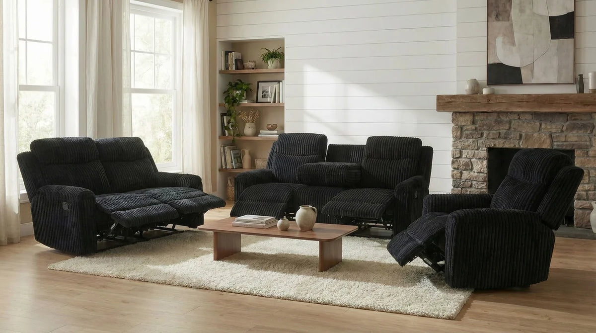 Grace 3-Piece Black Corduroy Reclining Living Room Set