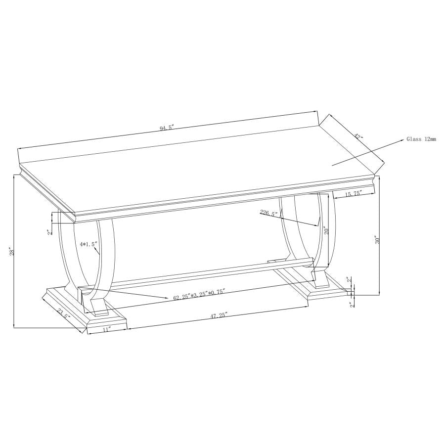 Mesa de comedor rectangular de 5 piezas con tapa de vidrio Antoine