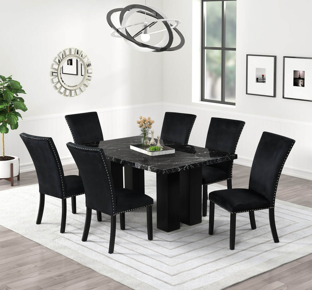 Arden Onyx 7-Piece Faux Marble Dining Set | Black Velvet
