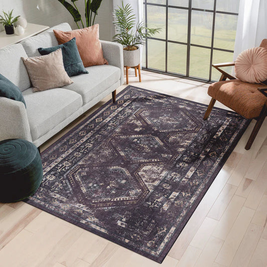 Maval Burgundy & Black Washable Area Rug