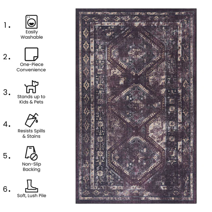 Maval Burgundy & Black Washable Area Rug