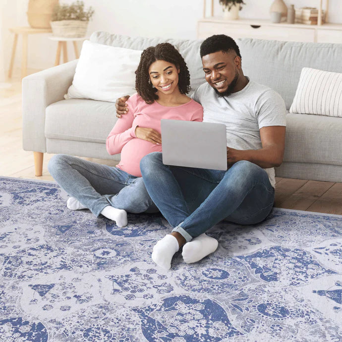 Maval Blue Washable Area Rug