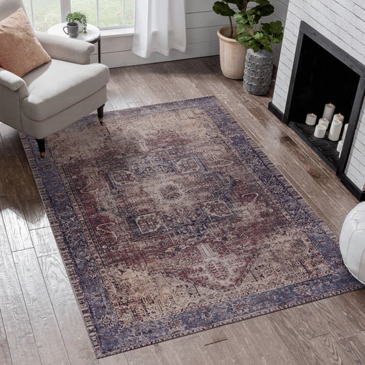 Maval Burgundy & Blue Washable Area Rug