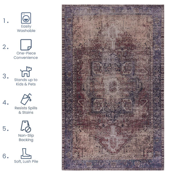 Maval Burgundy & Blue Washable Area Rug