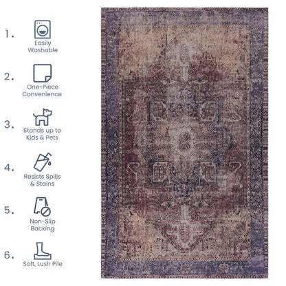 Maval Burgundy & Blue Washable Area Rug