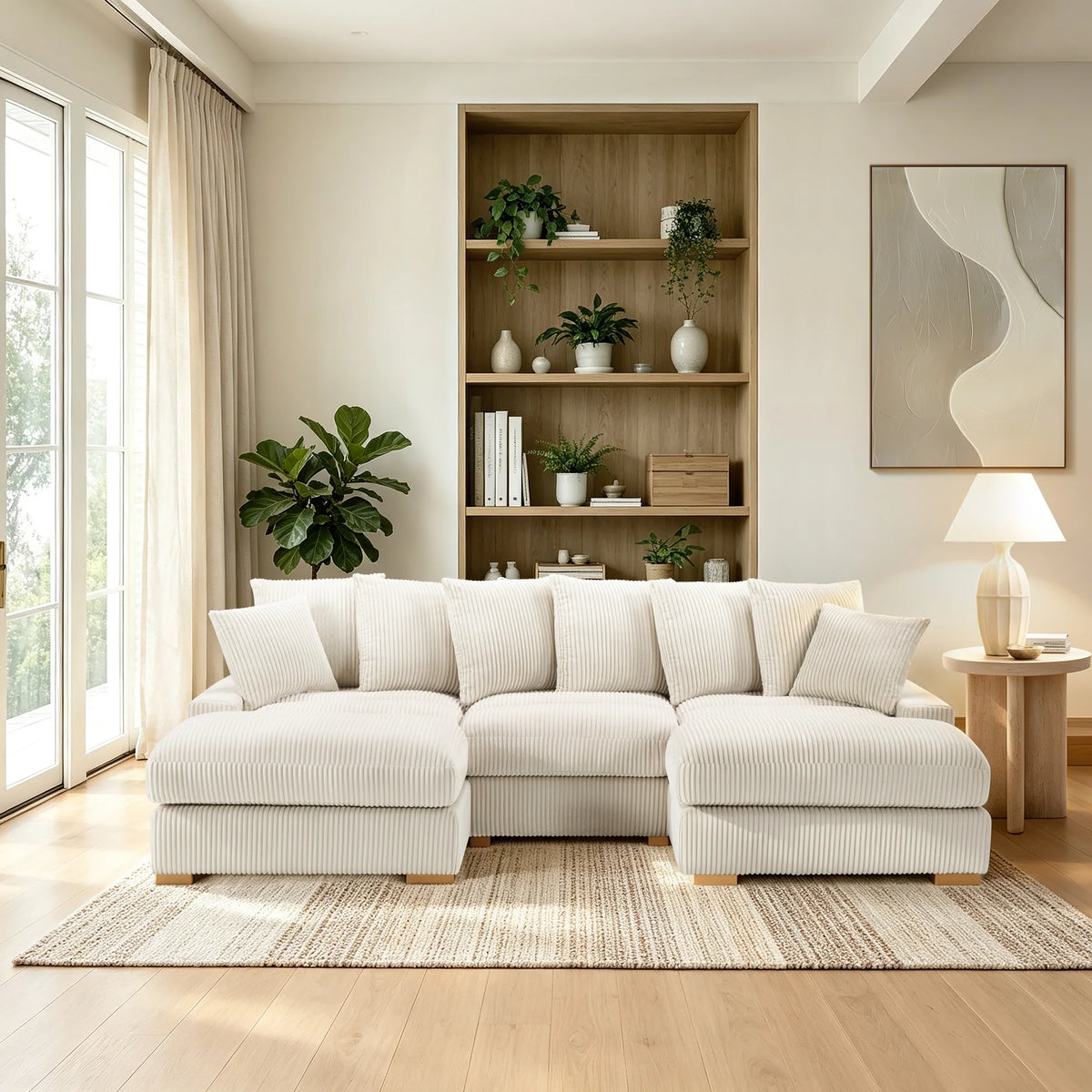 Azura Cream Corduroy Modular Sectional with USB & USB-C Charging
