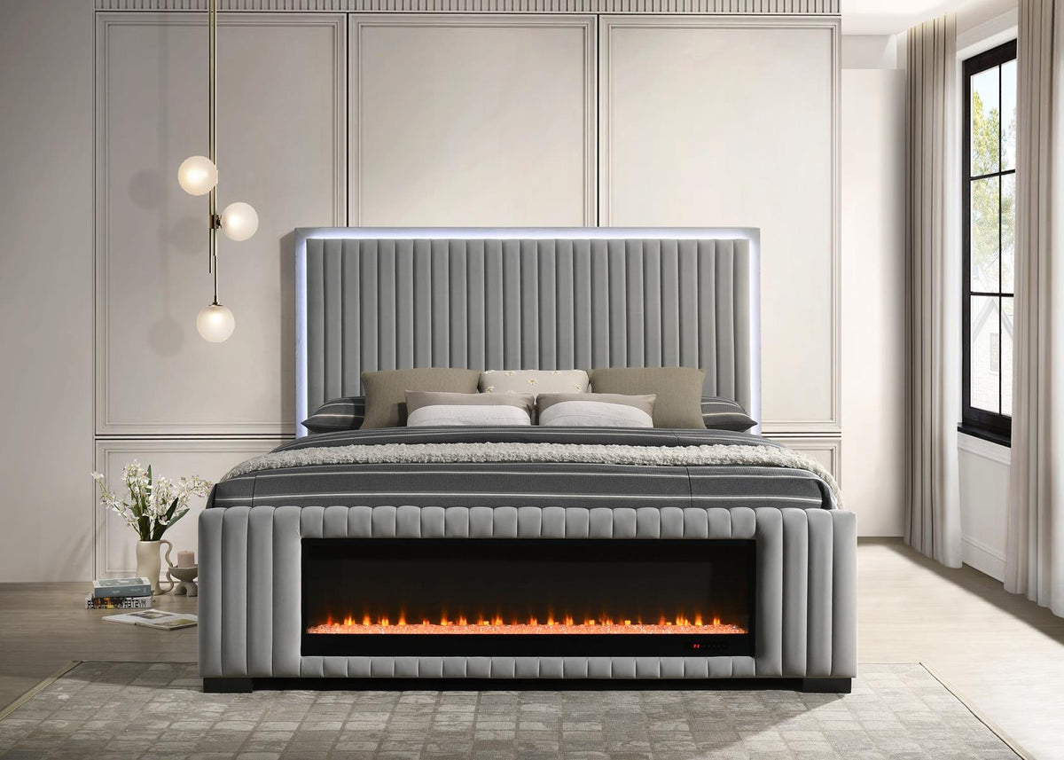 Amber King Bed | Grey Velvet | LED Headboard & Decorative Fireplace