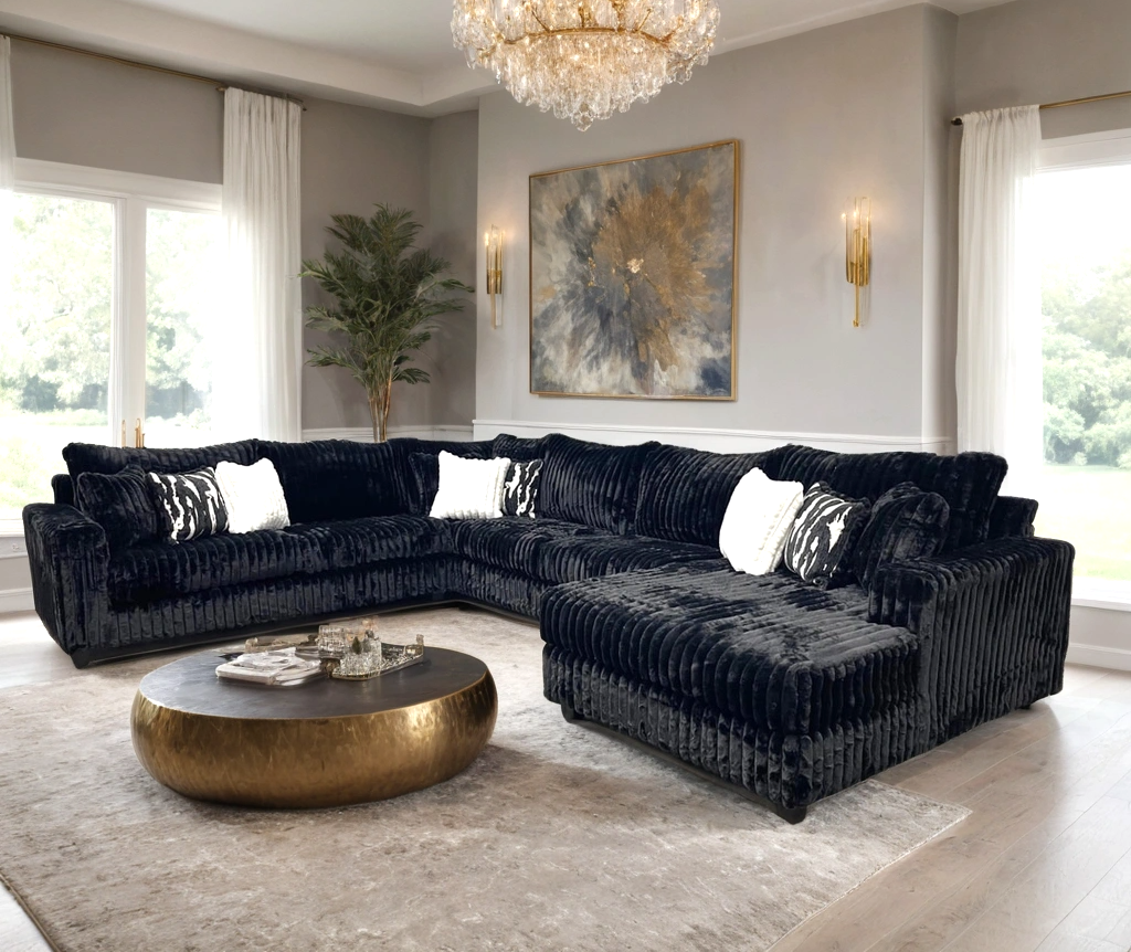 Lara Oversized L-Shape Sectional with Chaise – Black Corduroy