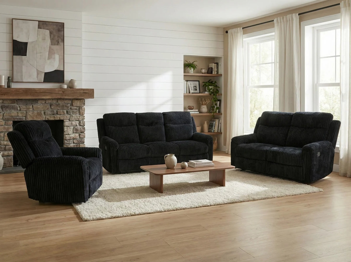 Grace 3-Piece Black Corduroy Reclining Living Room Set