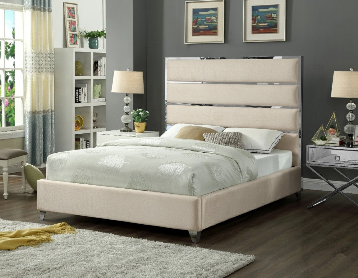 Lauren Velvet Platform Bed with Chrome Accents | Beige