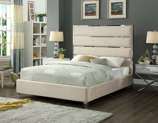 Lauren Velvet Platform Bed with Chrome Accents | Beige