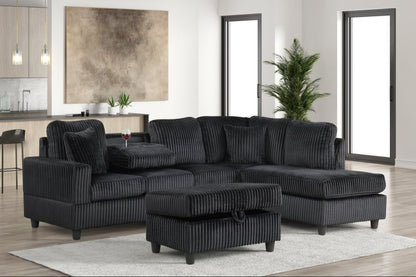 Rocket Onyx Corduroy Reversible Sectional with Drop-Down Table & Storage Ottoman