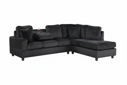 Rocket Onyx Corduroy Reversible Sectional with Drop-Down Table & Storage Ottoman