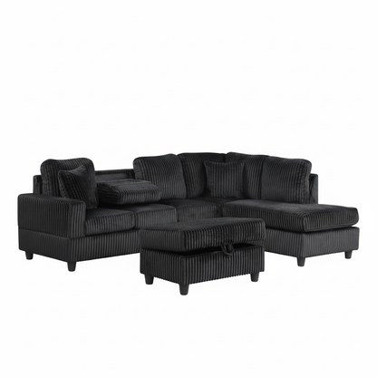 Rocket Onyx Corduroy Reversible Sectional with Drop-Down Table & Storage Ottoman