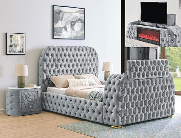 5115GY NATALIA BED W/FIREPLACE,TV LIFT GY