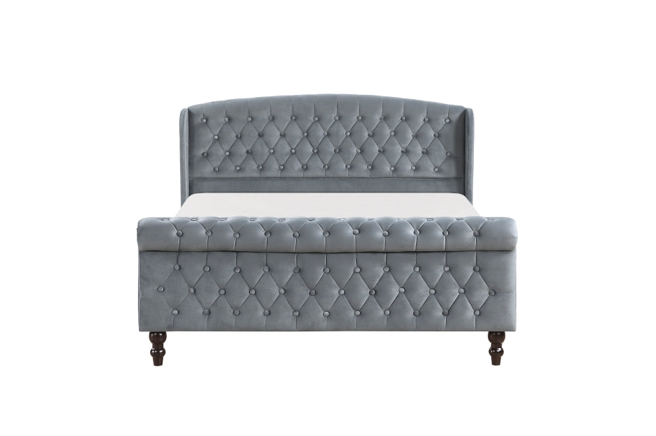 Heirloom Gray Velvet Queen Platform Bed with Tufted Headboard