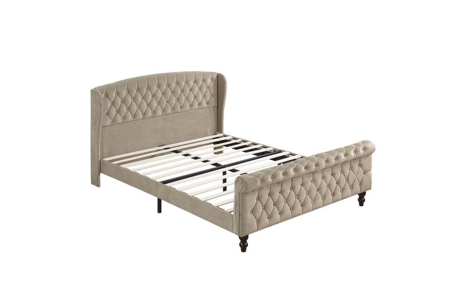 Heirloom Beige Velvet Queen Platform Bed with Tufted Headboard
