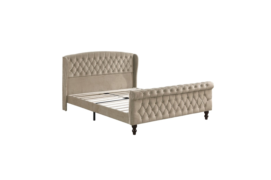 Heirloom Beige Velvet Queen Platform Bed with Tufted Headboard