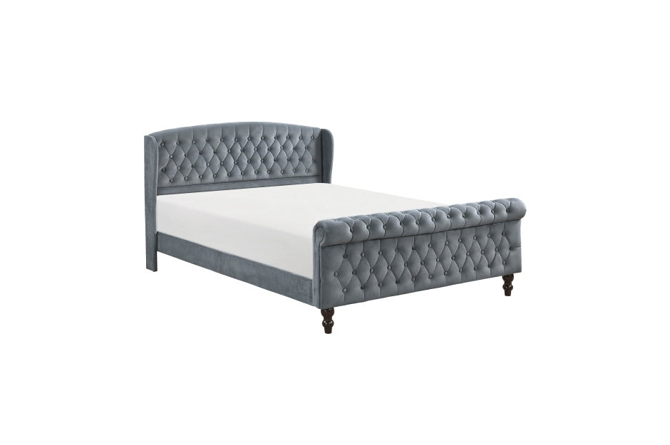 Heirloom Gray Velvet Queen Platform Bed with Tufted Headboard