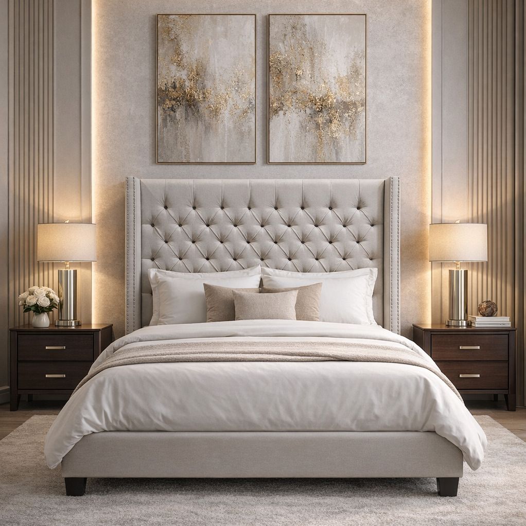 Hugh Tufted Wingback Linen Platform Bed