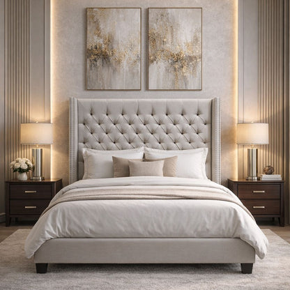 Hugh Tufted Wingback Linen Platform Bed