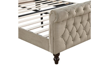 Heirloom Beige Velvet Queen Platform Bed with Tufted Headboard
