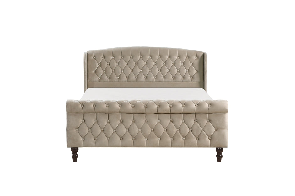 Heirloom Beige Velvet Queen Platform Bed with Tufted Headboard