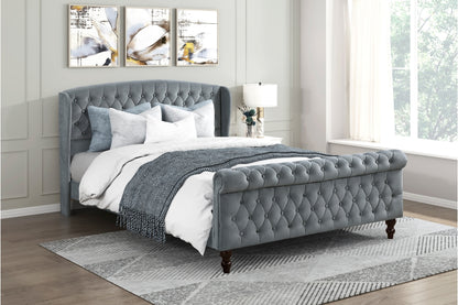 Heirloom Gray Velvet Queen Platform Bed with Tufted Headboard