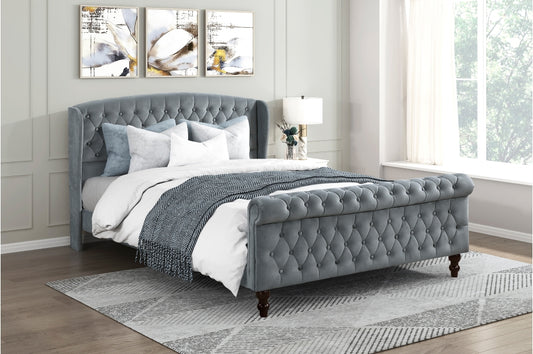 Heirloom Gray Velvet Queen Platform Bed with Tufted Headboard