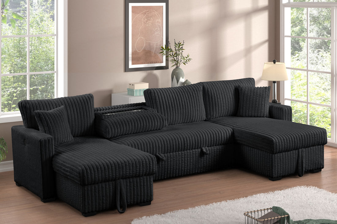 July Black Double Storage Chaise Sectional with Pull-Out Bed