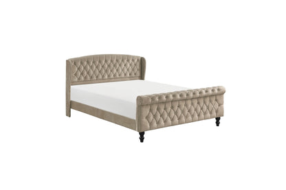 Heirloom Beige Velvet Queen Platform Bed with Tufted Headboard