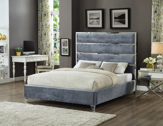 Lauren Velvet Platform Bed with Chrome Accents | Gray