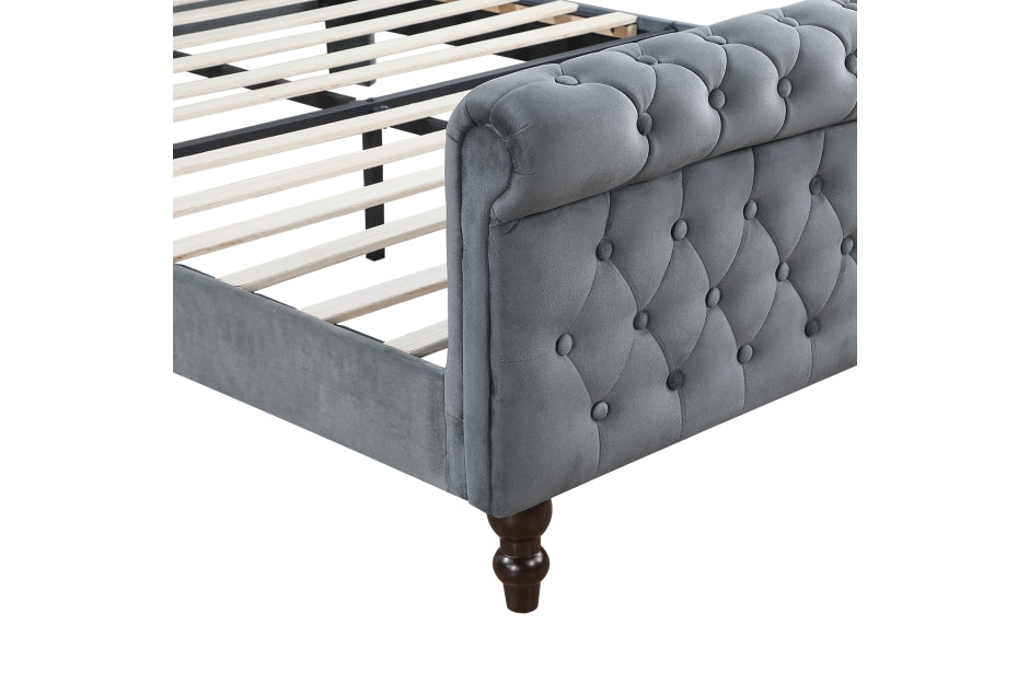 Heirloom Gray Velvet Queen Platform Bed with Tufted Headboard