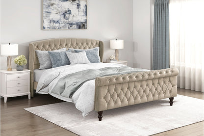 Heirloom Beige Velvet Queen Platform Bed with Tufted Headboard