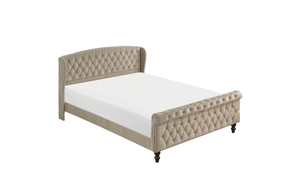 Heirloom Beige Velvet Queen Platform Bed with Tufted Headboard