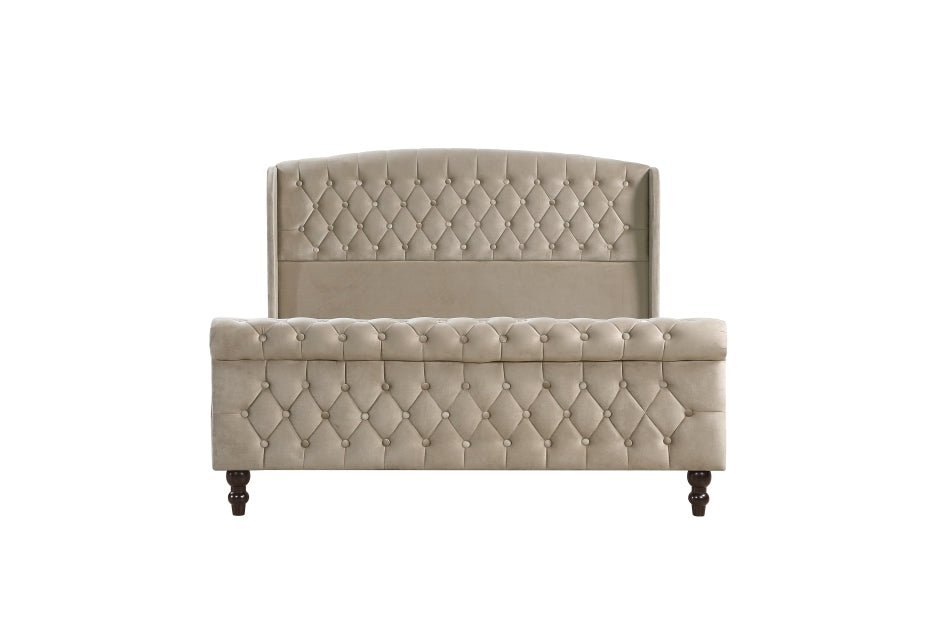Heirloom Beige Velvet Queen Platform Bed with Tufted Headboard