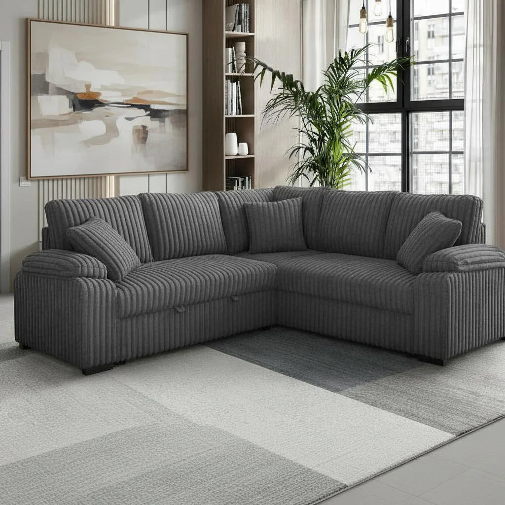 Neeha Corduroy Sleeper Sectional Sofa with Pillows – L-Shape Modern Couch
