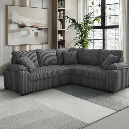 Neeha Corduroy Sleeper Sectional Sofa with Pillows – L-Shape Modern Couch