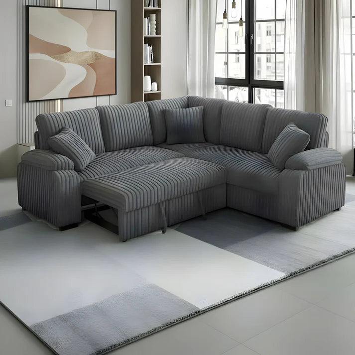 Neeha Corduroy Sleeper Sectional Sofa with Pillows – L-Shape Modern Couch