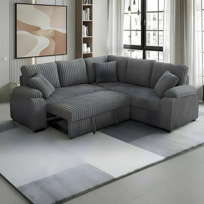 Neeha Corduroy Sleeper Sectional Sofa with Pillows – L-Shape Modern Couch